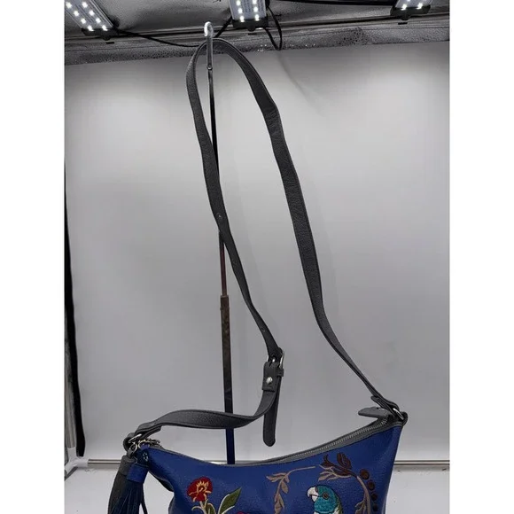 Sharif 1827 Blue Leather Embroidered Parrot Floral Crossbody Bag Grey Trim - Picture 2 of 12